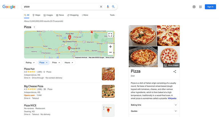 Google search engine / pizza
