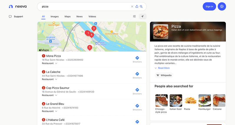 Neeva search engine / pizza
