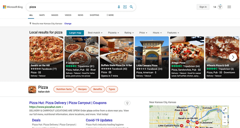 Bing search engine / pizza