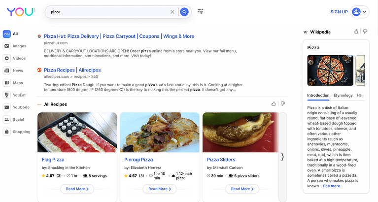 You.com search engine / pizza